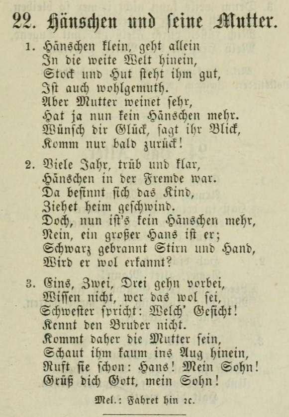 Fassung von „Hänschen und seine Mutter“ aus dem Anhang „Alte Lieder, neue Worte“ des Buches „Samenkörner für Kinderherzen“ von Franz Wiedemann, 10. Auflage 1877