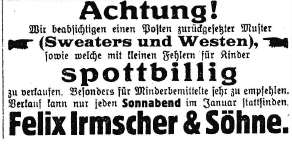 Werbeanzeige „Felix Irmscher & Söhne“