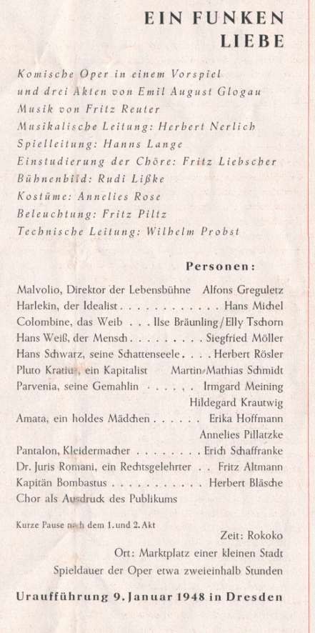 Programmheft „Ein Funken Liebe“, Volksoper Dresden - Irmgard Meinig als Parvenia