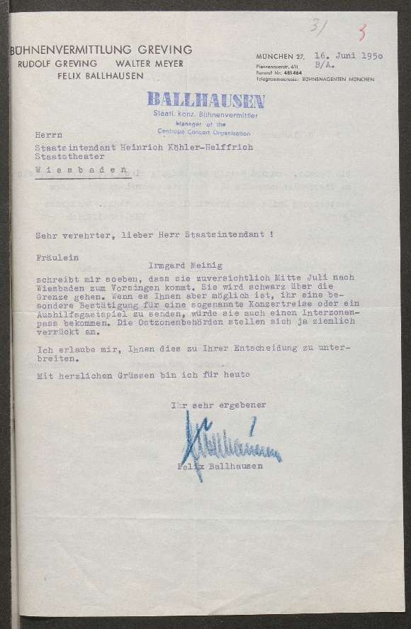 Schreiben Felix Ballhausen an Staatsintendant Köhler-Helffrich, 16. Juni 1950