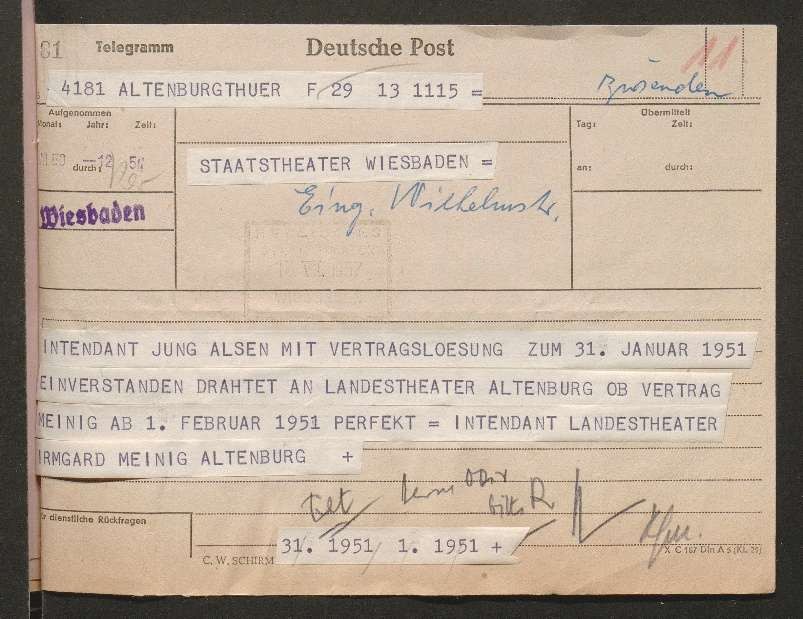 Telegramm Landestheater Altenburg an Staatstheater Wiesbaden