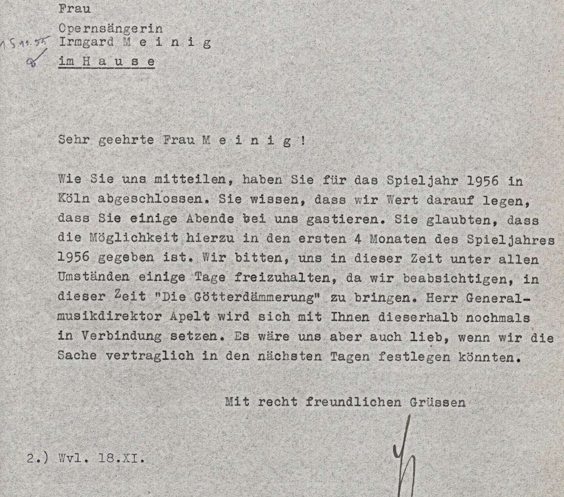 Nachricht der Theaterleitung an Irmgard Meinig, 14.11.1955