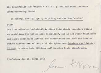 Ankündigung der Trauerfeier für Irmgard Meinig, 14. April 1958